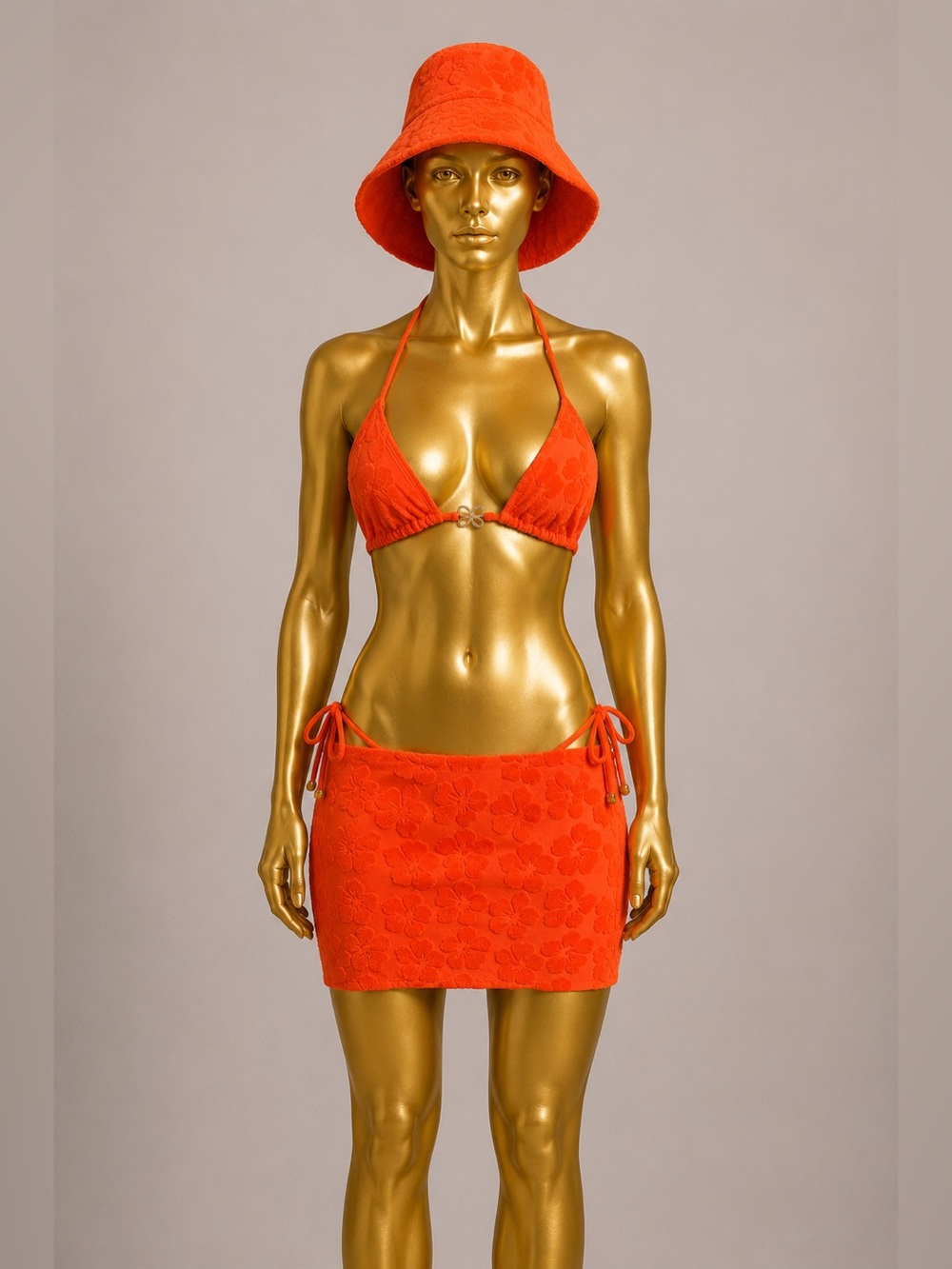 Orange Triangle Bikini Set M Skirt Cover Up Bucket Hat Beach Vacation
